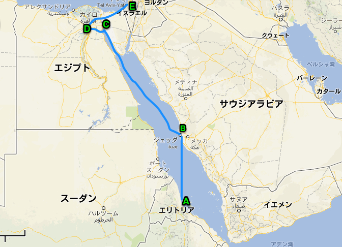 map Massawa to Tel-Aviv